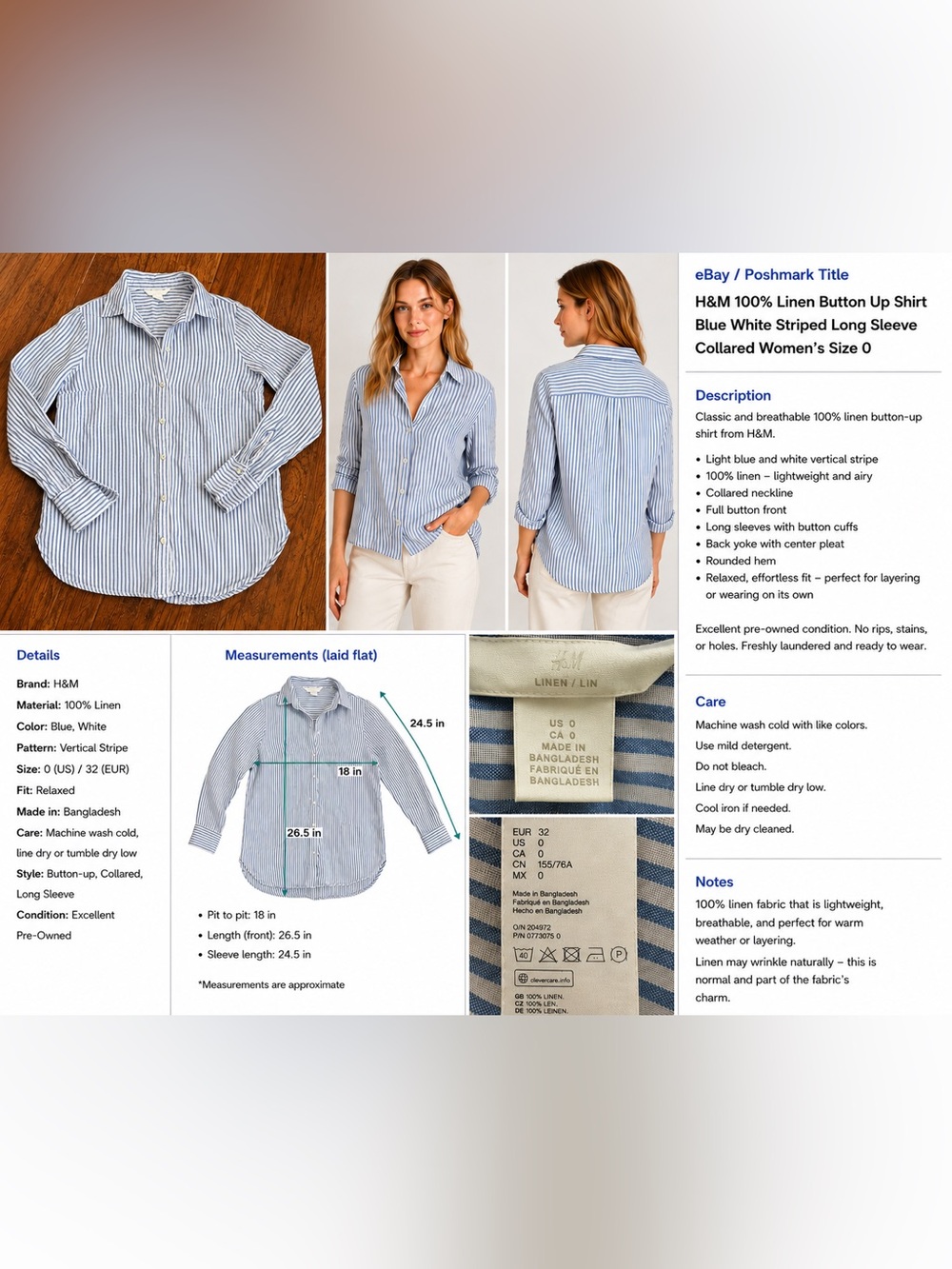 H&M 100% Linen Blue White Striped Button Up Shirt Women’s Size 0 Long Sleeve